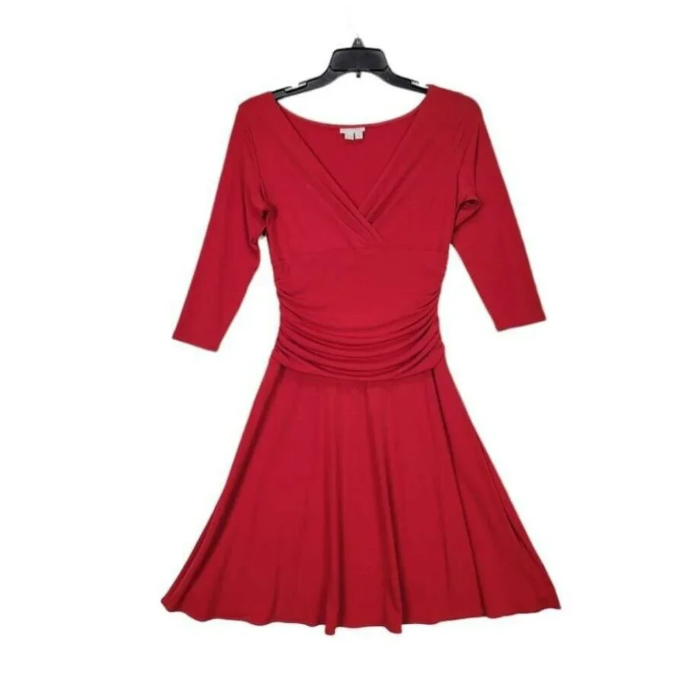 London Times Woman Size 10 Red Long Sleeve Shift Flare Pleated Dress - Picture 4 of 8